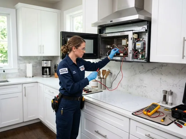 Appliance Repair Hero technician testing an over-the-range microwave in a Atascadero, CA kitchen