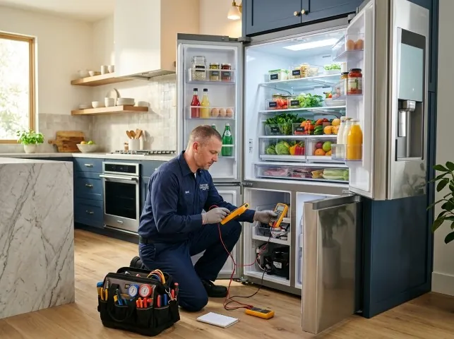 Appliance Repair Hero refrigerator technician testing a fridge on a Atascadero, CA service call